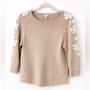 J.Crew Beige Sweater Floral Appliqué Sleeve Knit Top